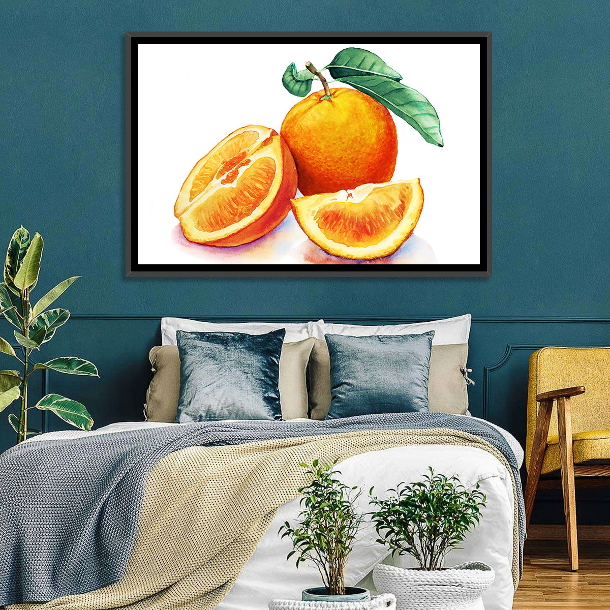 Watercolor Orange Still Life Wall Art in a room, landscape
