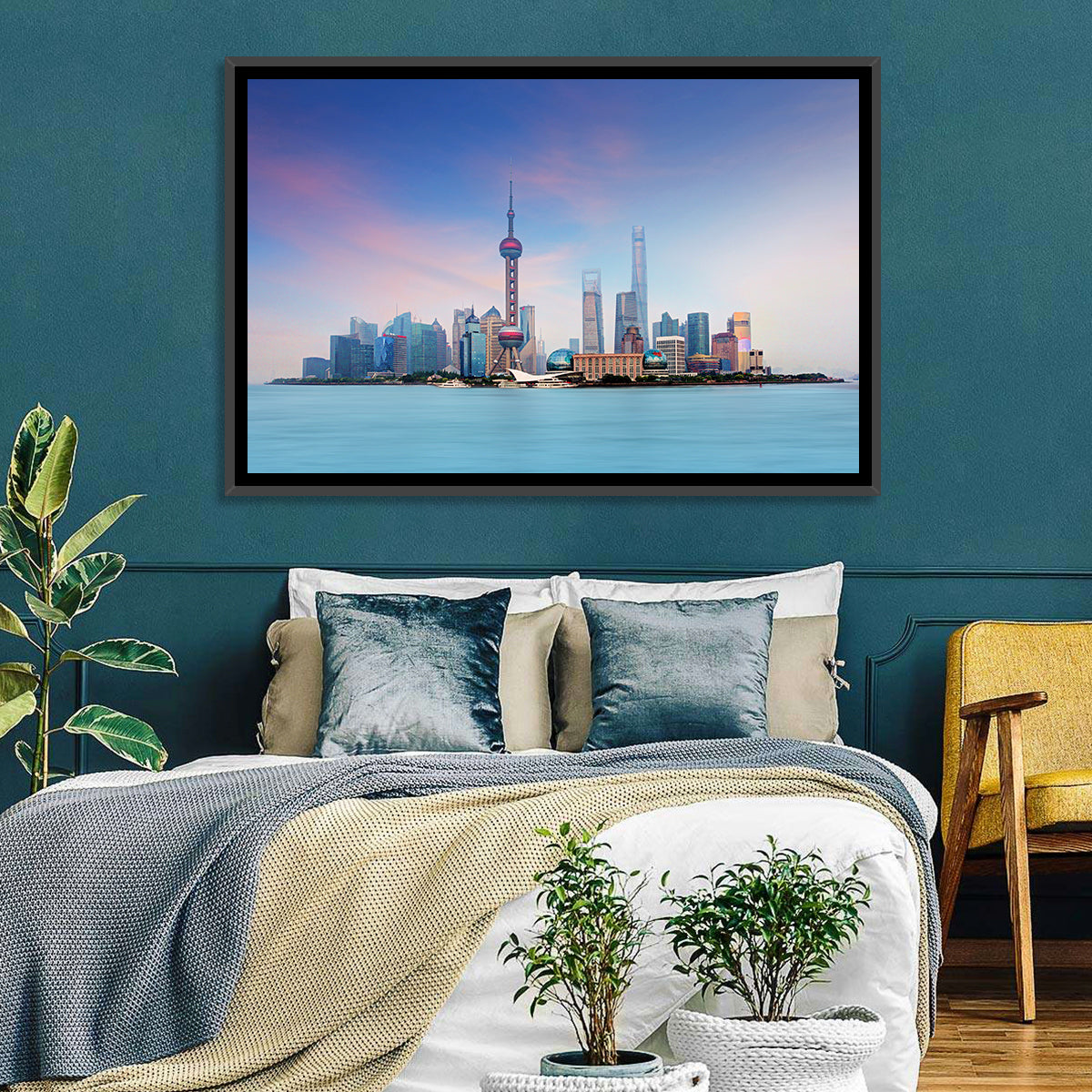 Shanghai Lujiazui Skyline Wall Art in a room, landscape