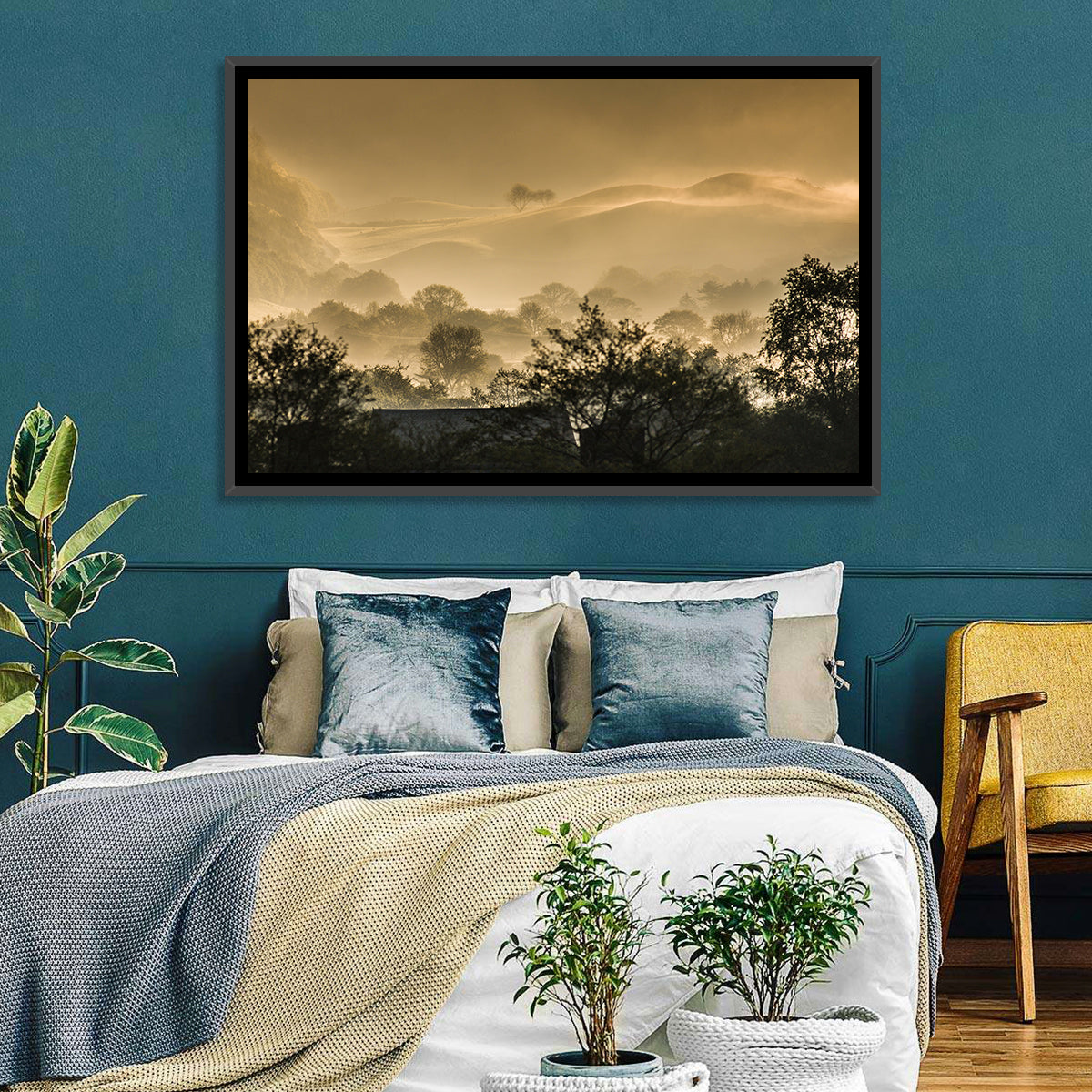 Bronze Morning Mist Over Hills Wall Art in a room, landscape