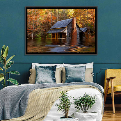 Autumn Flooded Log Cabin Wall Art