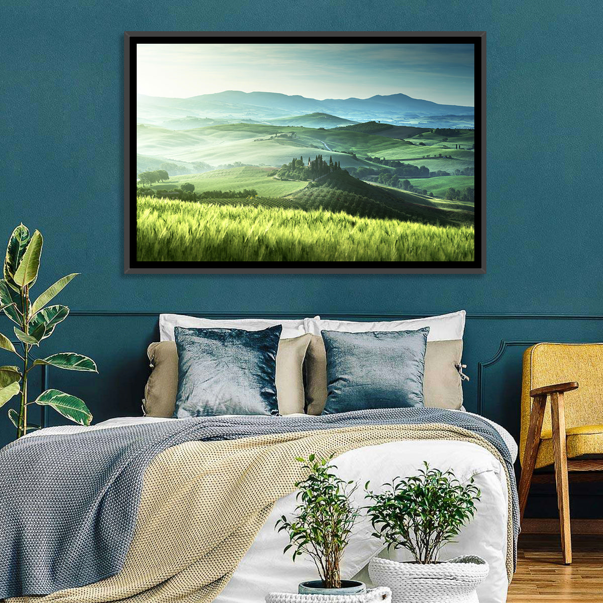 Misty Rolling Hills with Cypresses Wall Art in a room, landscape