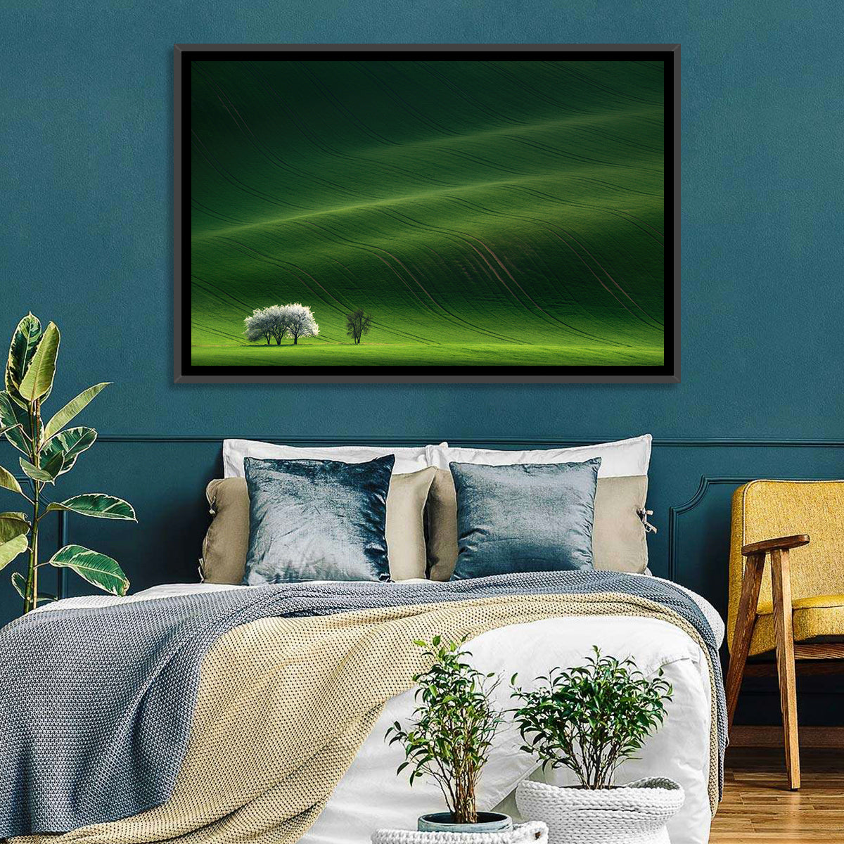 Emerald Hills with Blossoming Tree Wall Art in a room, landscape