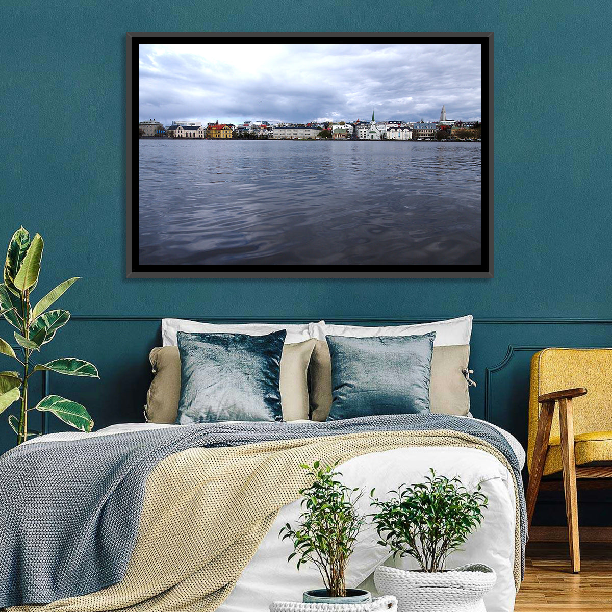 Tjörnin Reykjavik Skyline Wall Art in a room, landscape