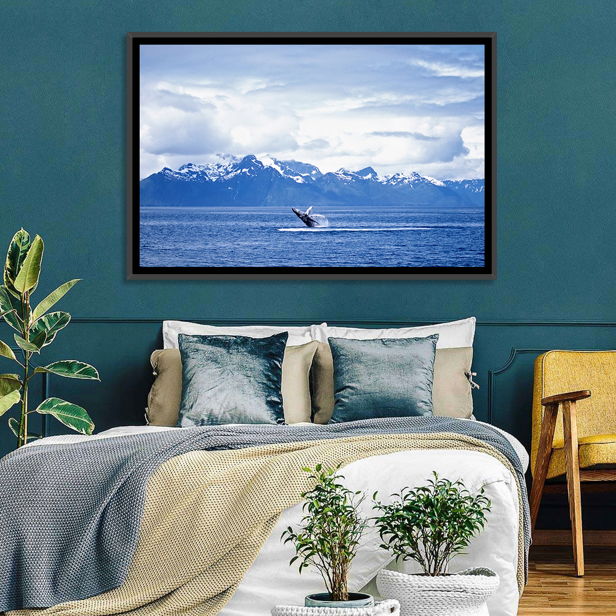 Humpback Whale with Snow Capped Mountains Wall Art in a room, landscape