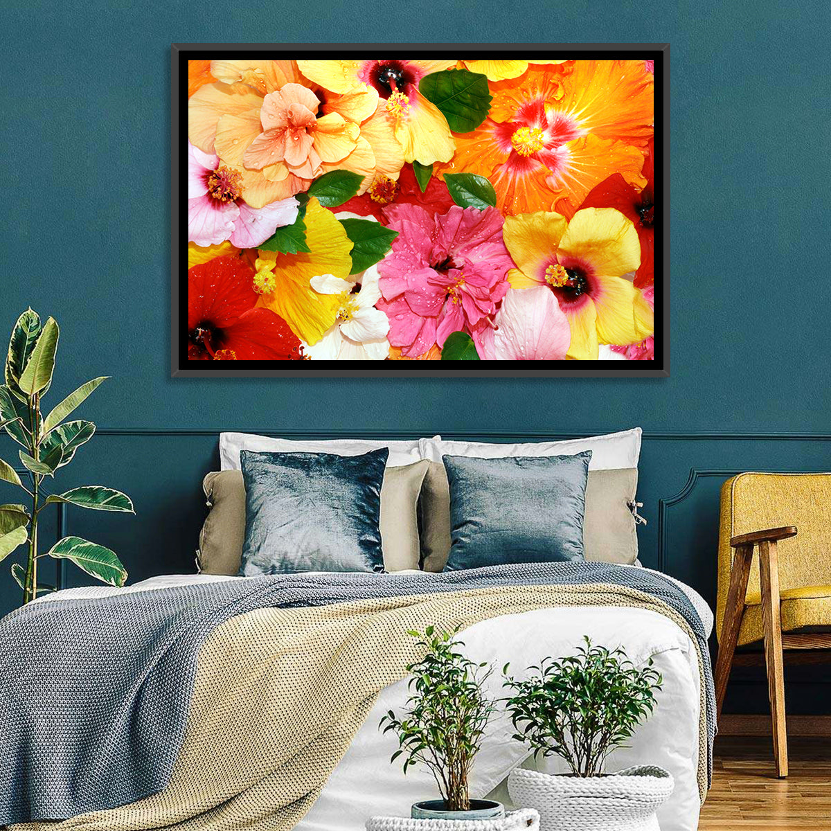 Vibrant Hibiscus Close-up Wall Art in a room, landscape