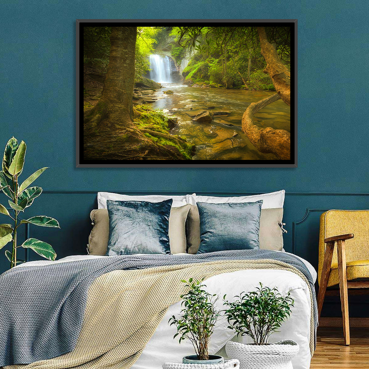 Deep Forest Waterfall Wall Art in a room, landscape