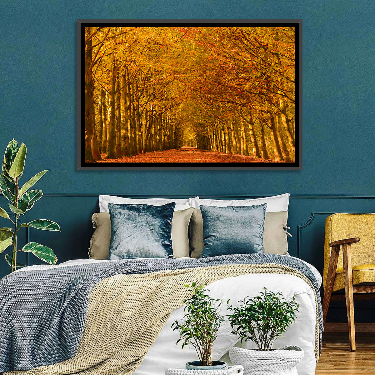 Golden Beech Tree Tunnel in Autumn Wall Art in a room, landscape