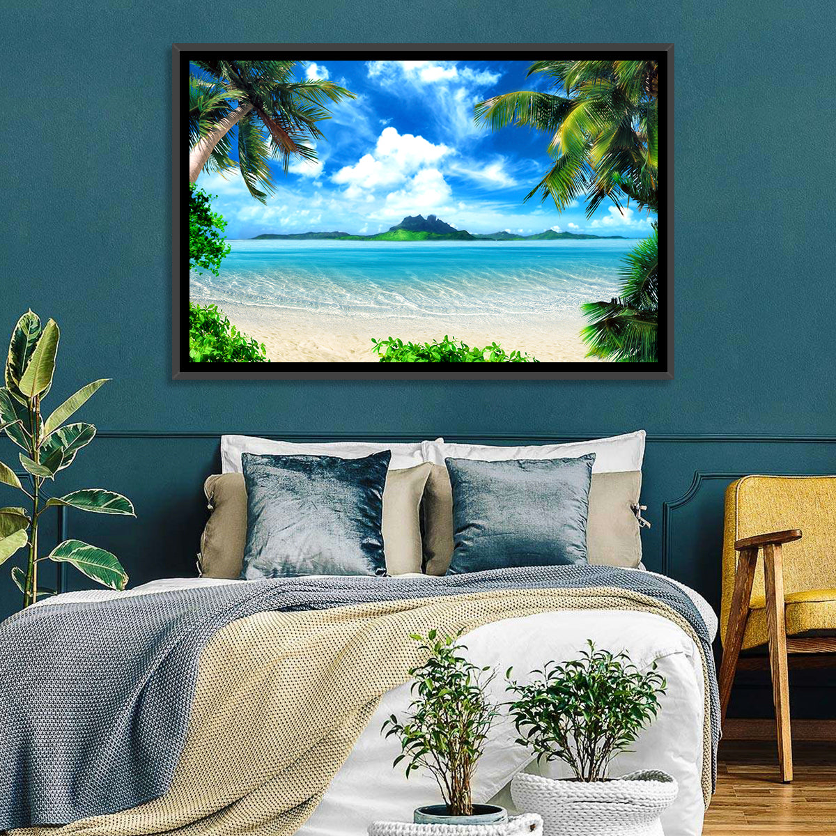 Palm-framed Tropical Island Beach Wall Art in a room, landscape