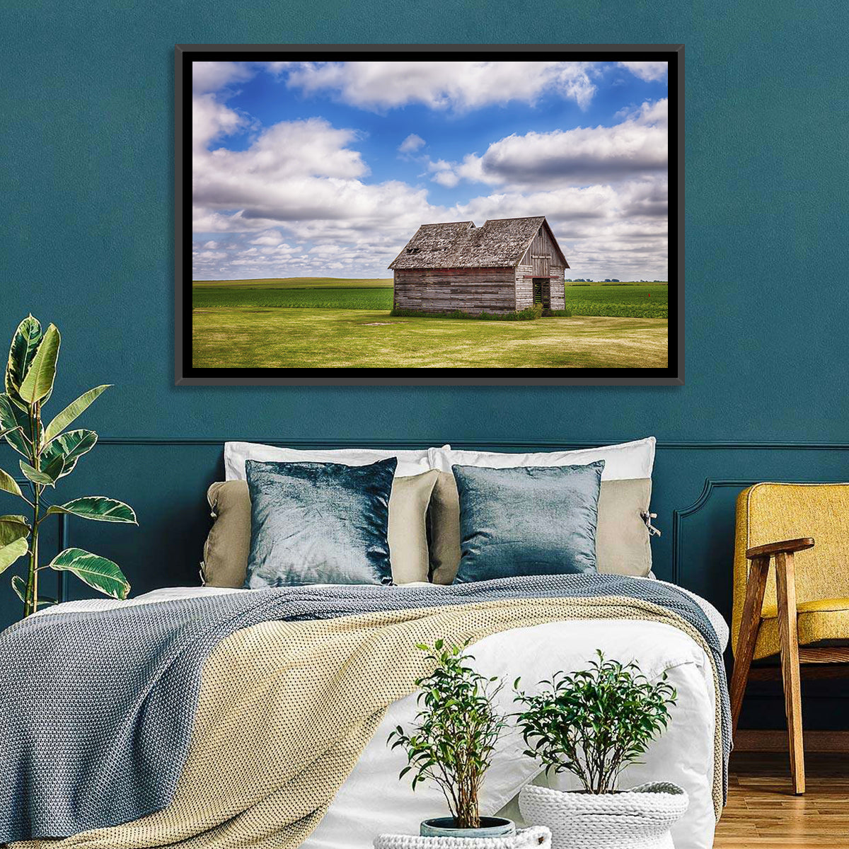 Old Farm Shed in Field Wall Art in a room, landscape