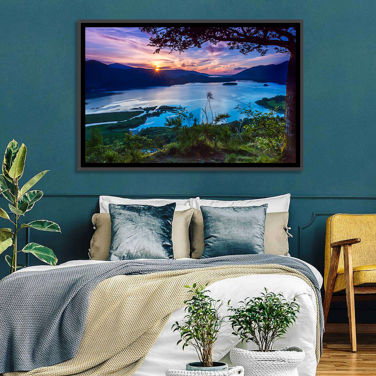 Bassenthwaite Lake Sunset Wall Art in a room, landscape