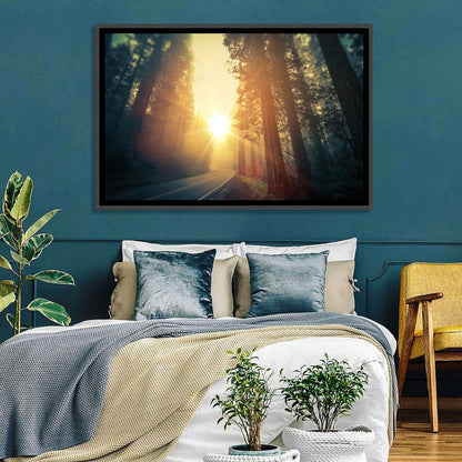 Misty Redwood Road with Golden Sunburst Wall Art