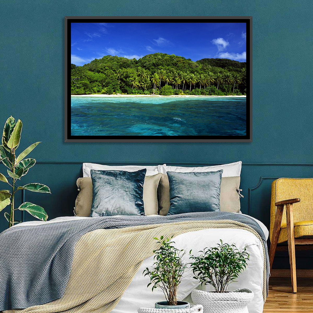 Turquoise Tropical Island Scene Wall Art in a room, landscape
