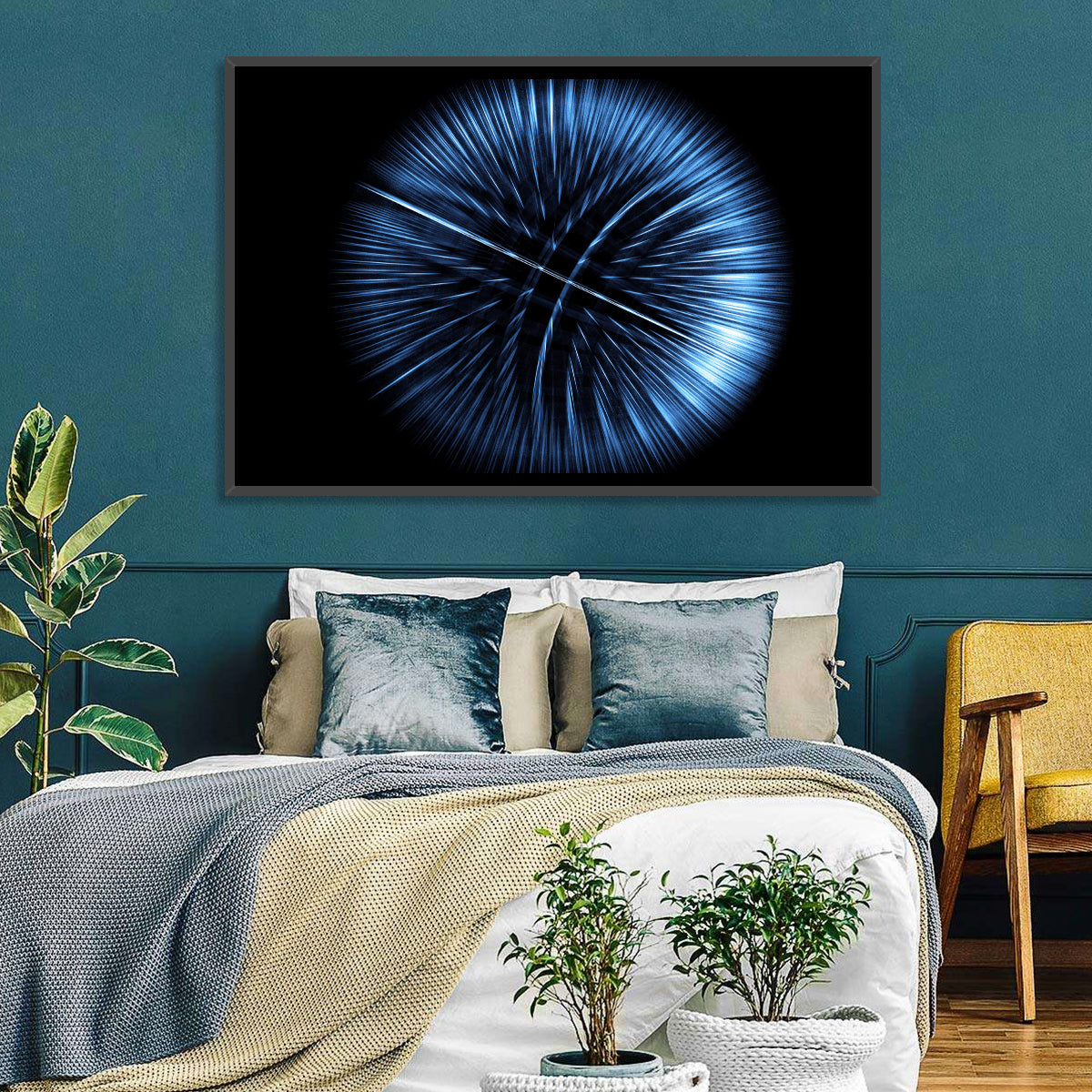 Glowing Blue Textured Sphere Wall Art in a room, landscape