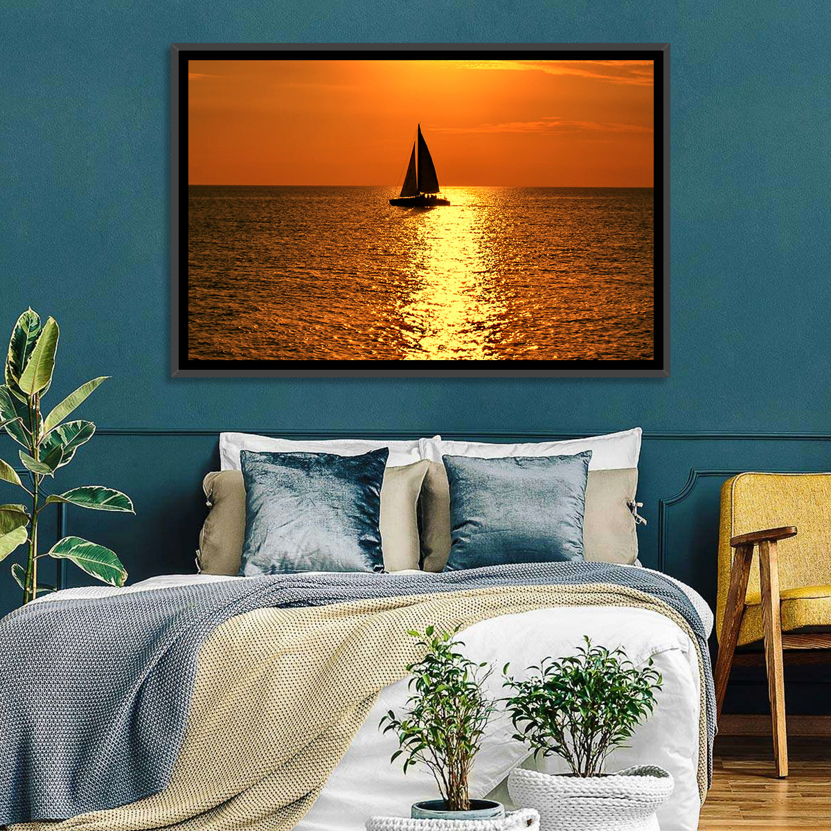 Sailboat Silhouette at Golden Sunset Wall Art