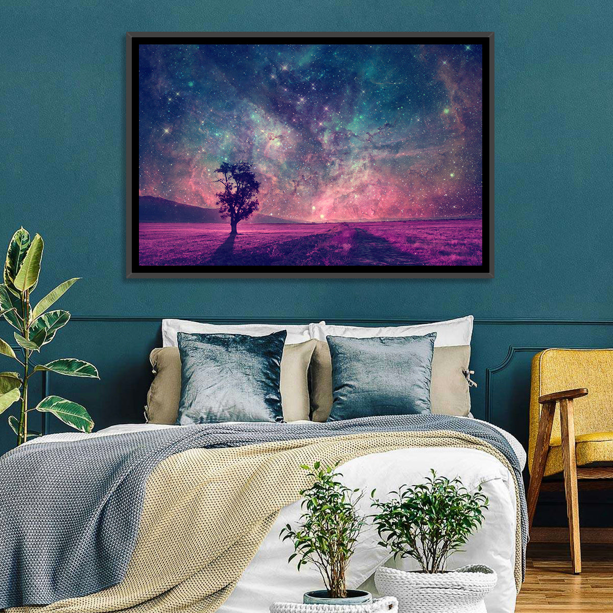 Lone Tree Under Nebula Sky Wall Art in a room, landscape