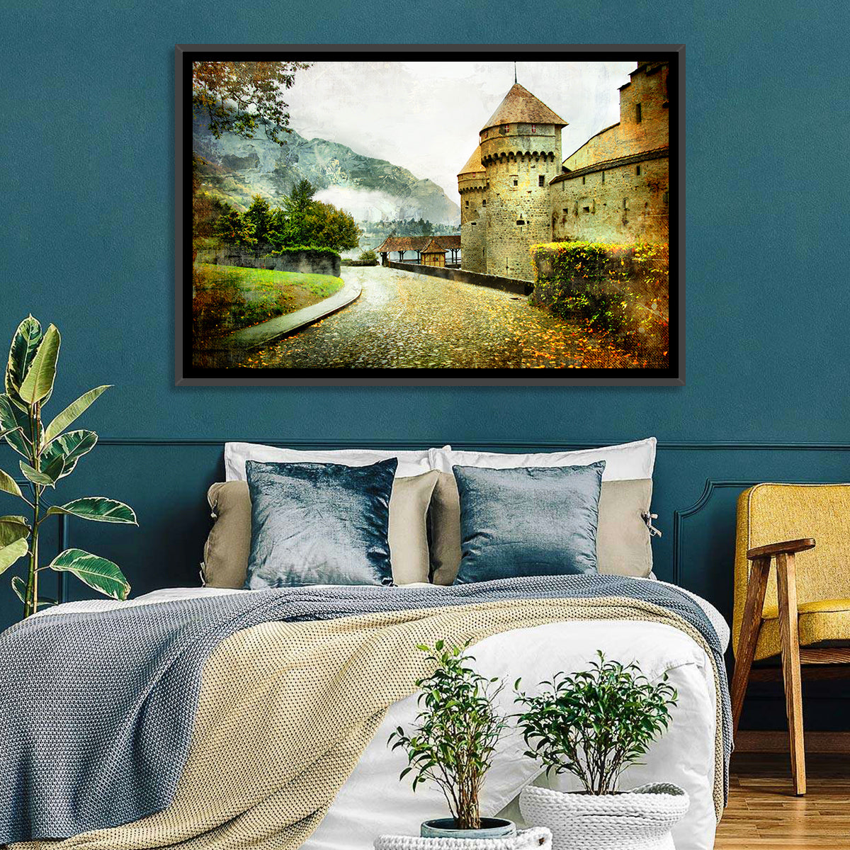 Autumn Approach to Chillon Castle Wall Art in a room, landscape