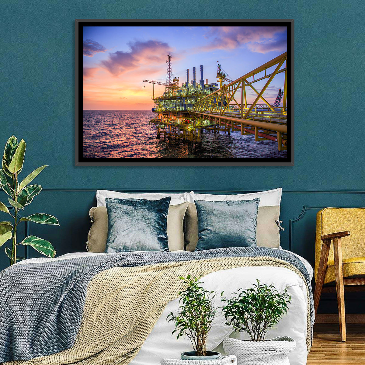 Golden Hour Offshore Oil Rig Wall Art in a room, landscape