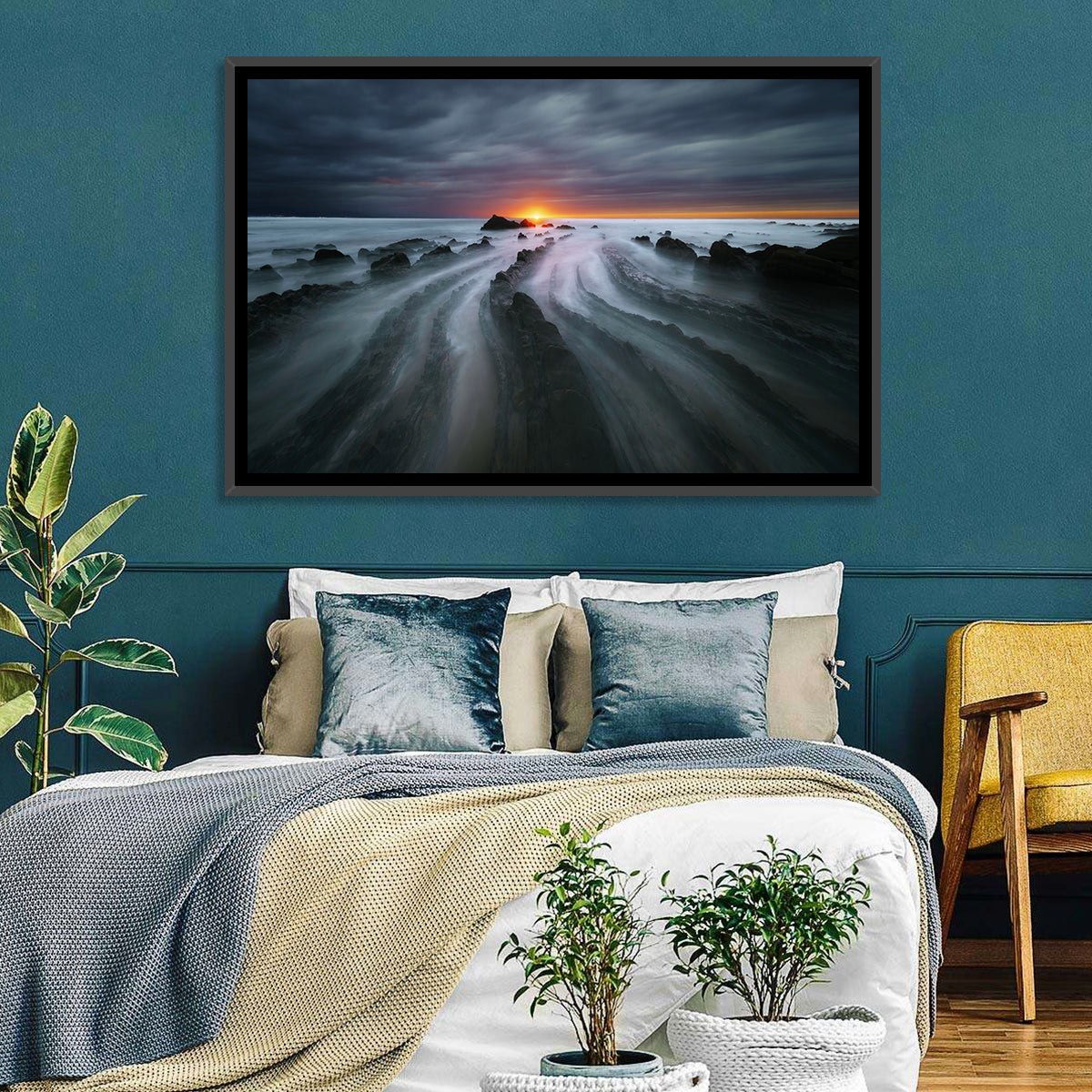 Barrika Beach Dusk Wall Art in a room, landscape