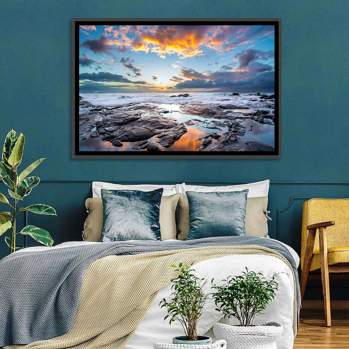 Sunset Over Volcanic Shore Wall Art in a room, landscape