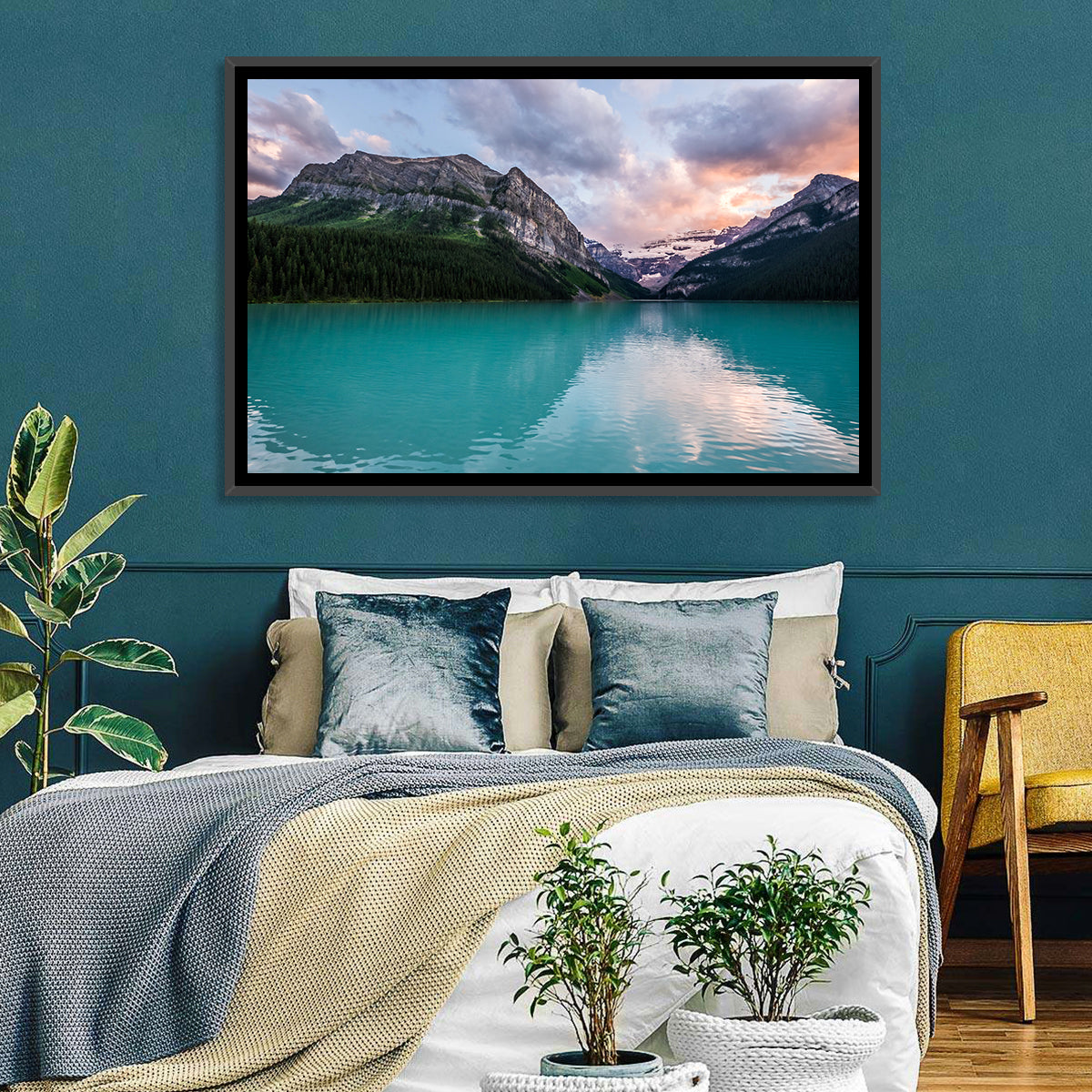 Turquoise Sunset at Lake Louise Wall Art in a room, landscape