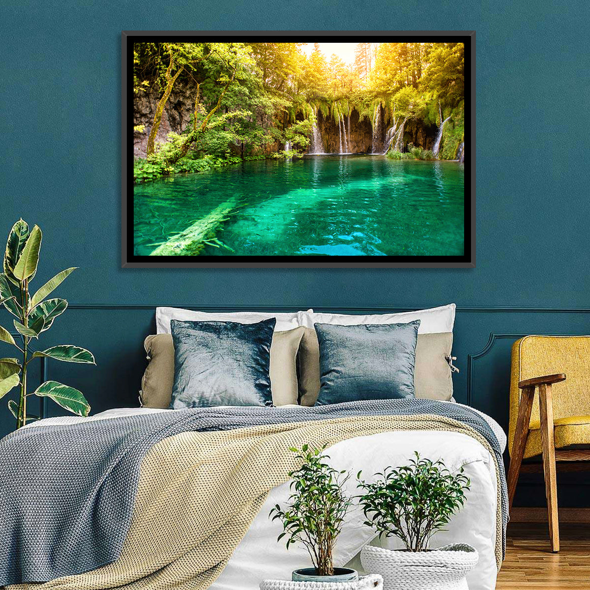 Plitvice Lake Waterfall Wall Art in a room, landscape