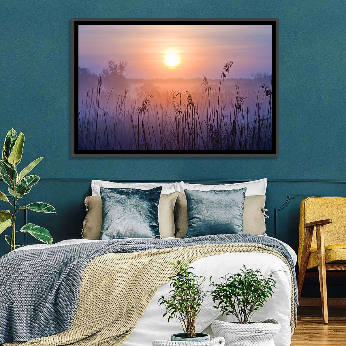 Lavender Sunrise Over Reeds Wall Art in a room, landscape