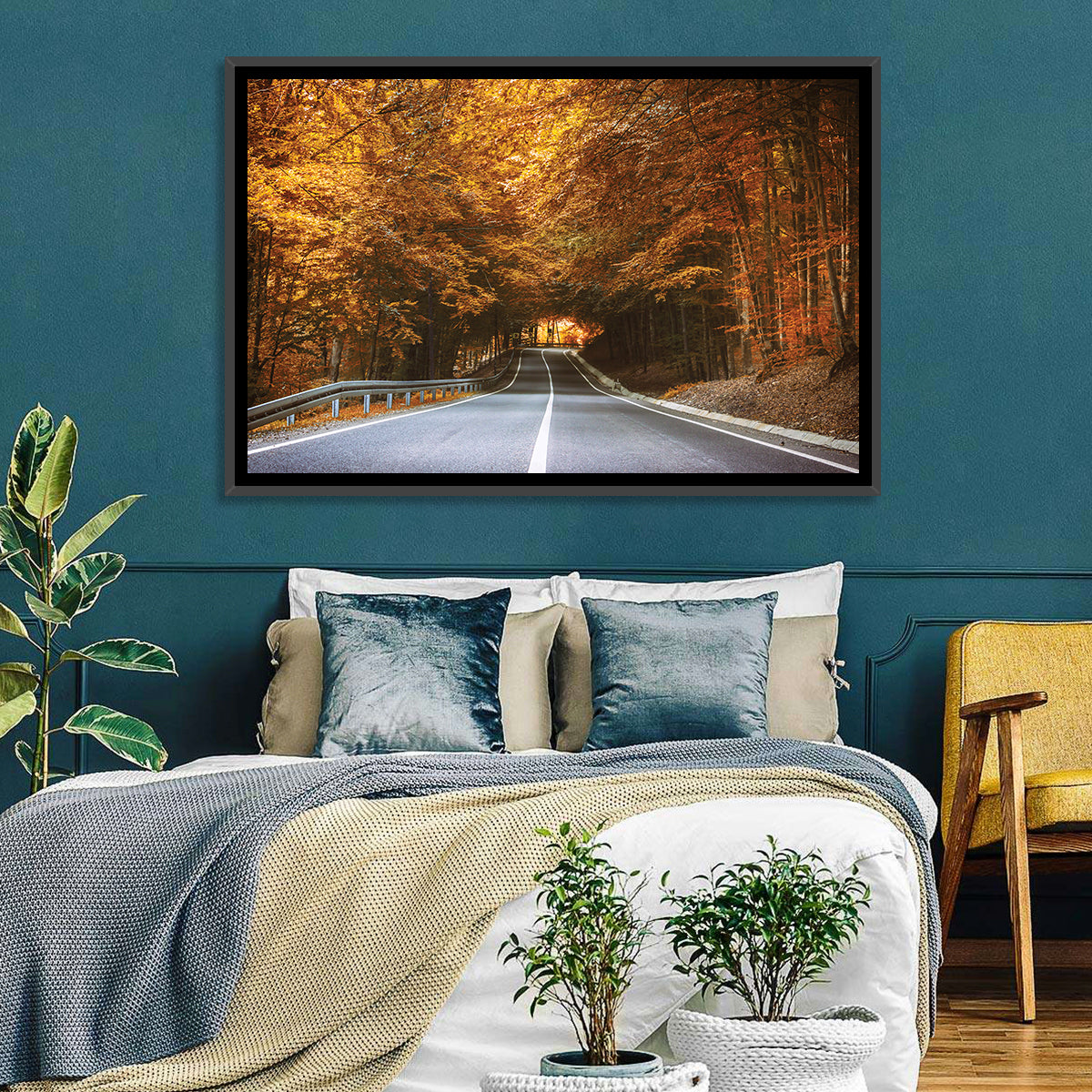Autumn Forest Road with Canopy Wall Art in a room, landscape