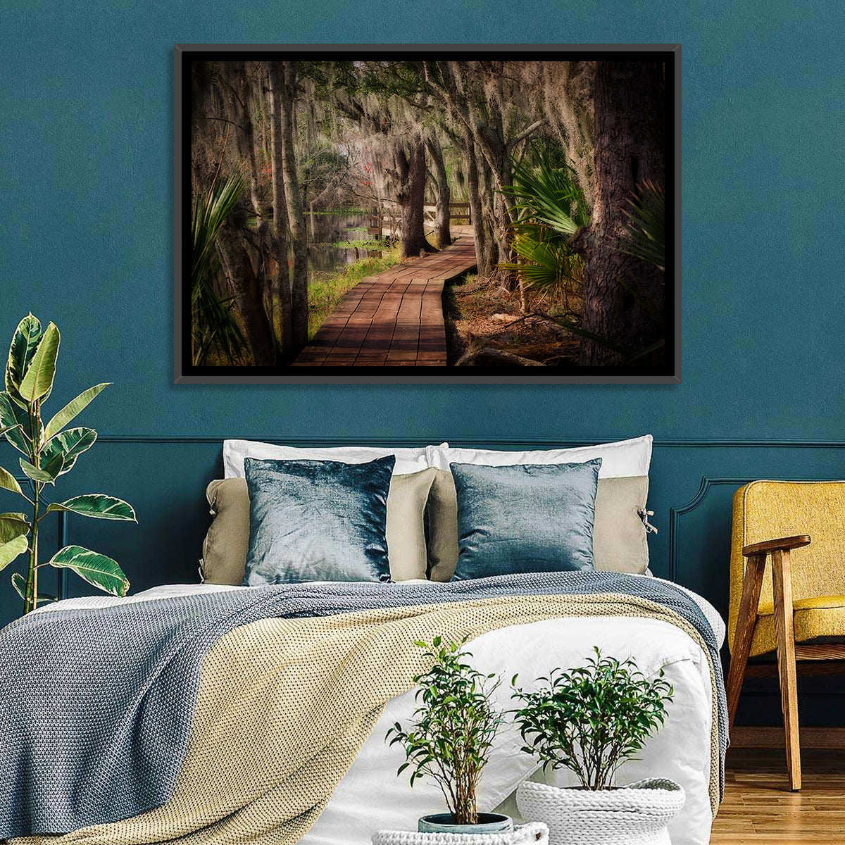 Louisiana Swamp Boardwalk Wall Art in a room, landscape