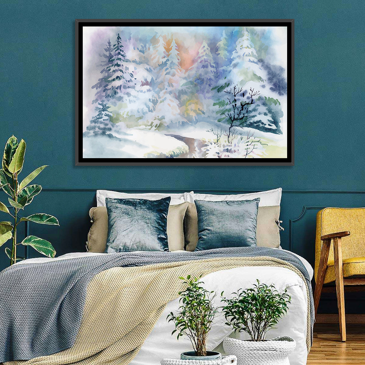 Winding Winter Stream Watercolor Wall Art in a room, landscape