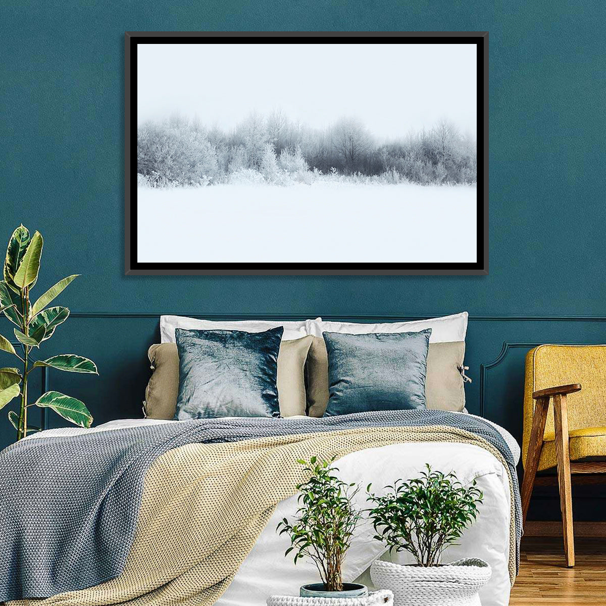 Frosted Winter Forest Wall Art in a room, landscape