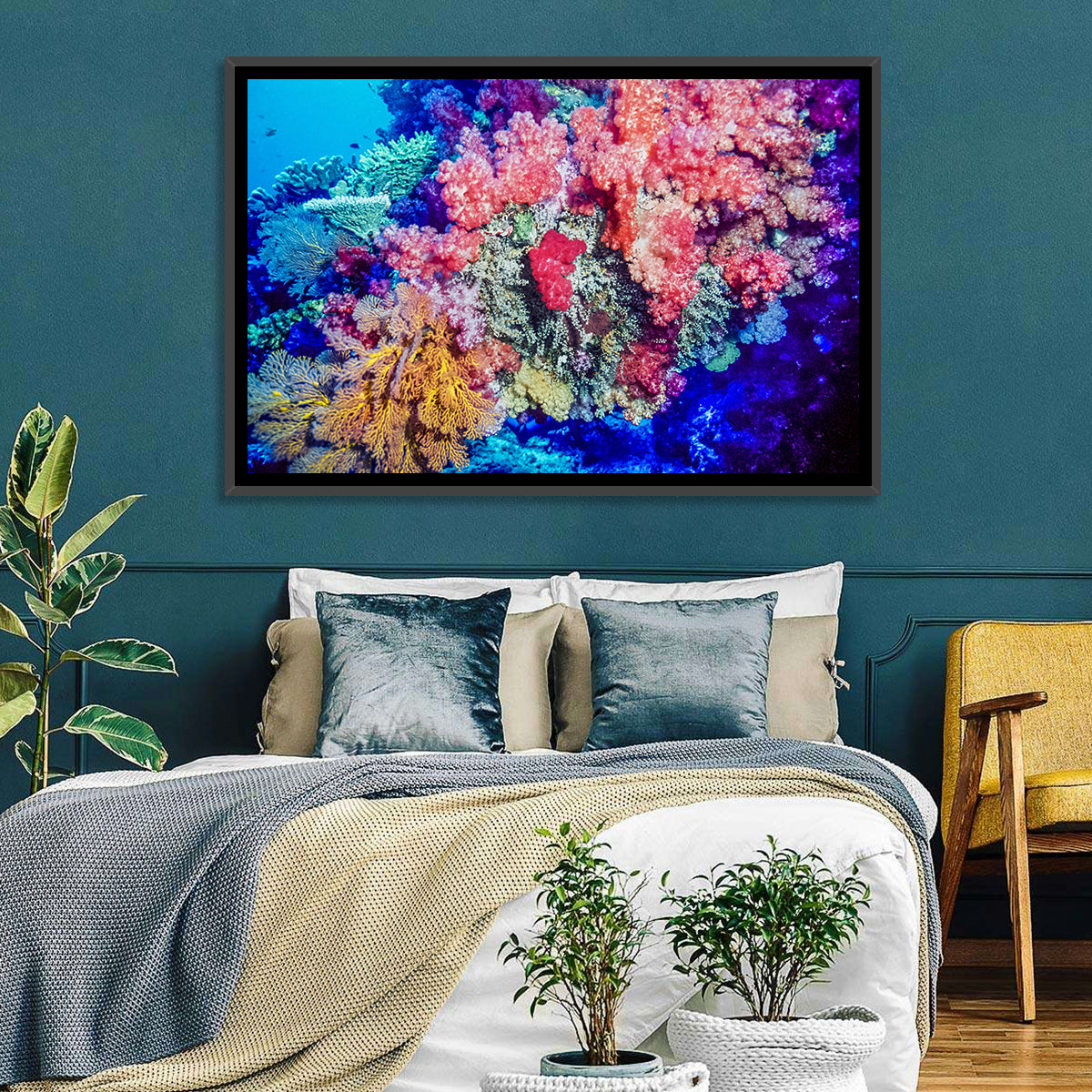 Vibrant Coral Reef Wall Art in a room, landscape