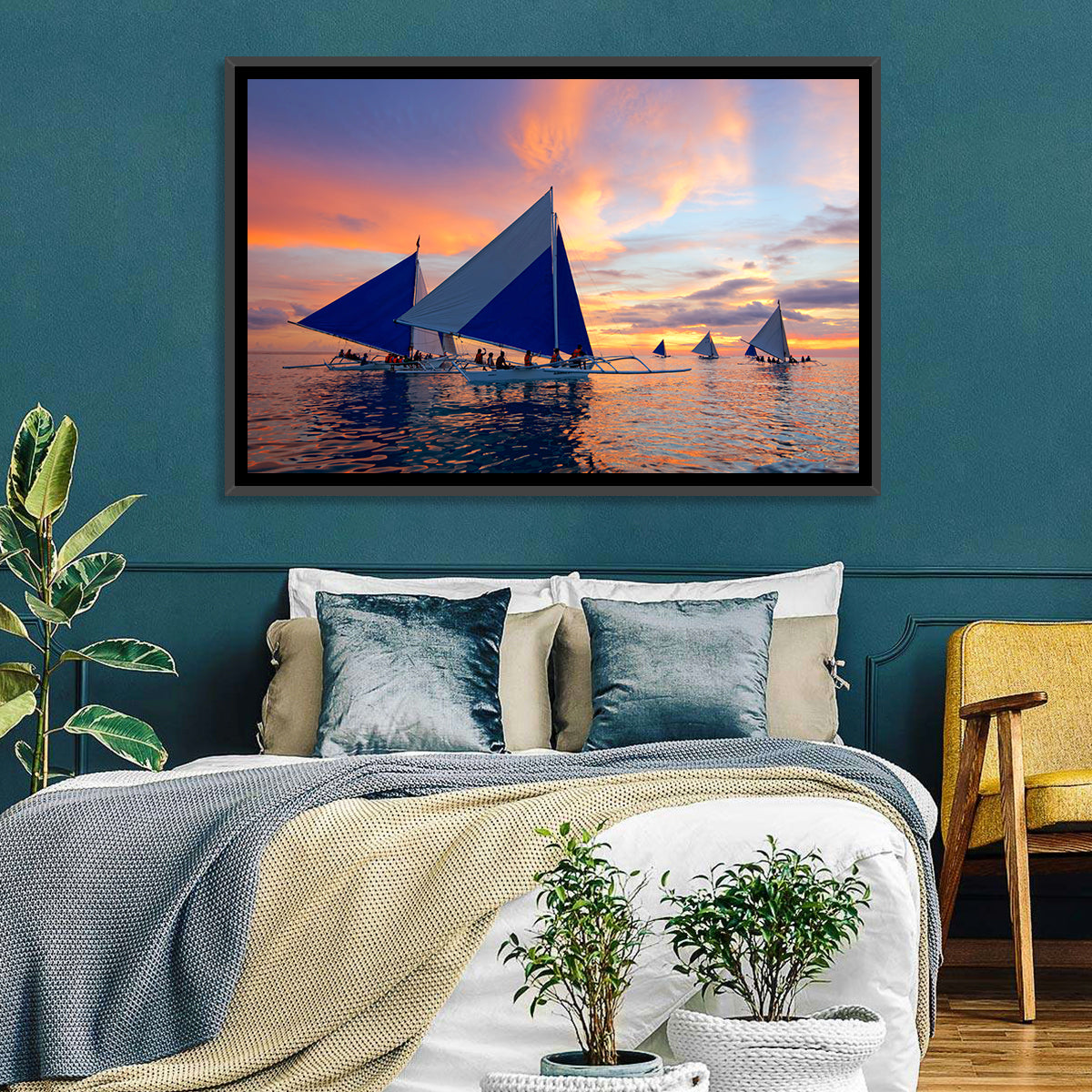 Outrigger Sailboats at Sunset Wall Art in a room, landscape