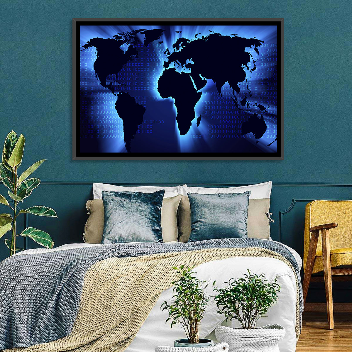 Glowing Digital World Map Wall Art in a room, landscape
