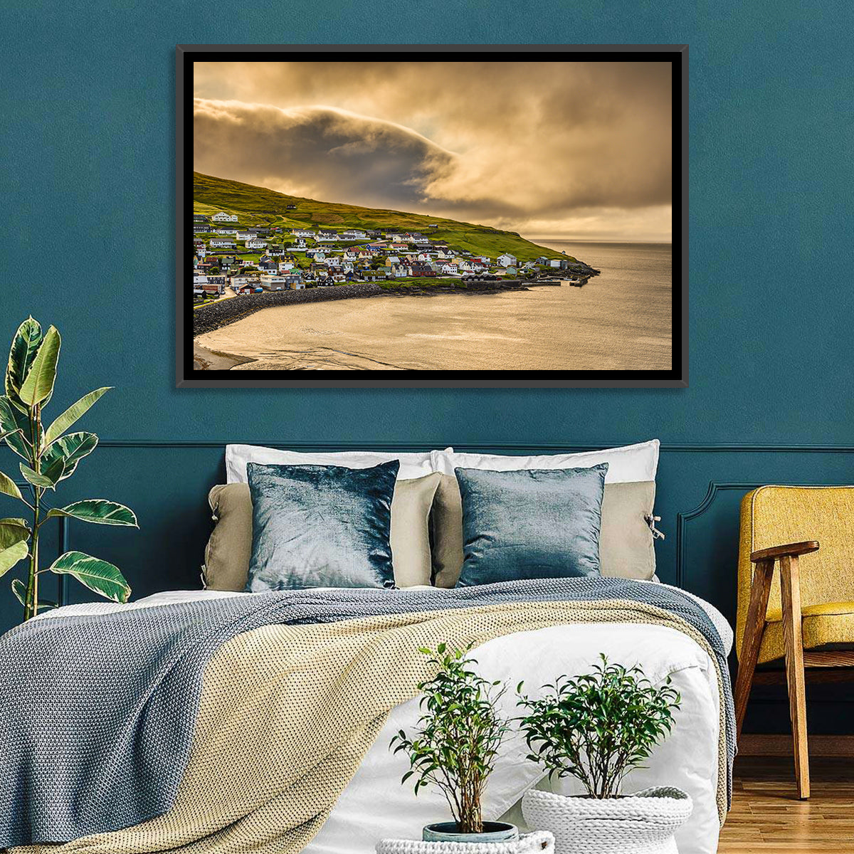 Coastal Village at Golden Hour Wall Art in a room, landscape
