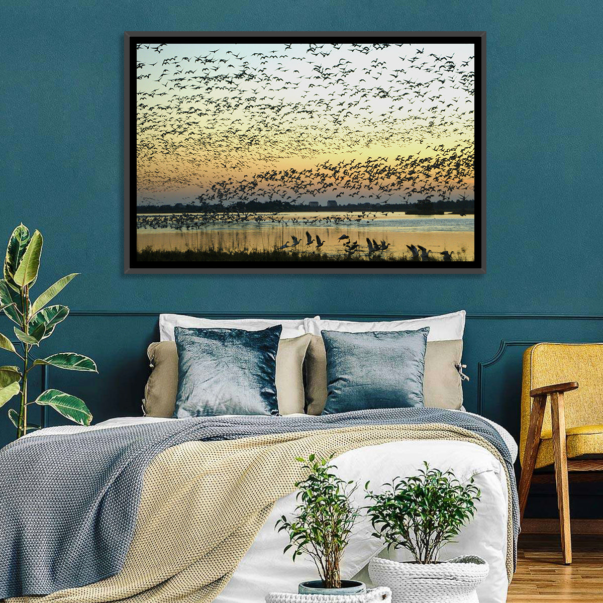 Snow Geese Over River Wall Art in a room, landscape