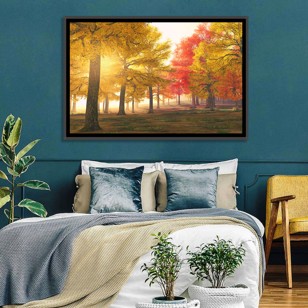 Foggy Autumn Forest Wall Art in a room, landscape