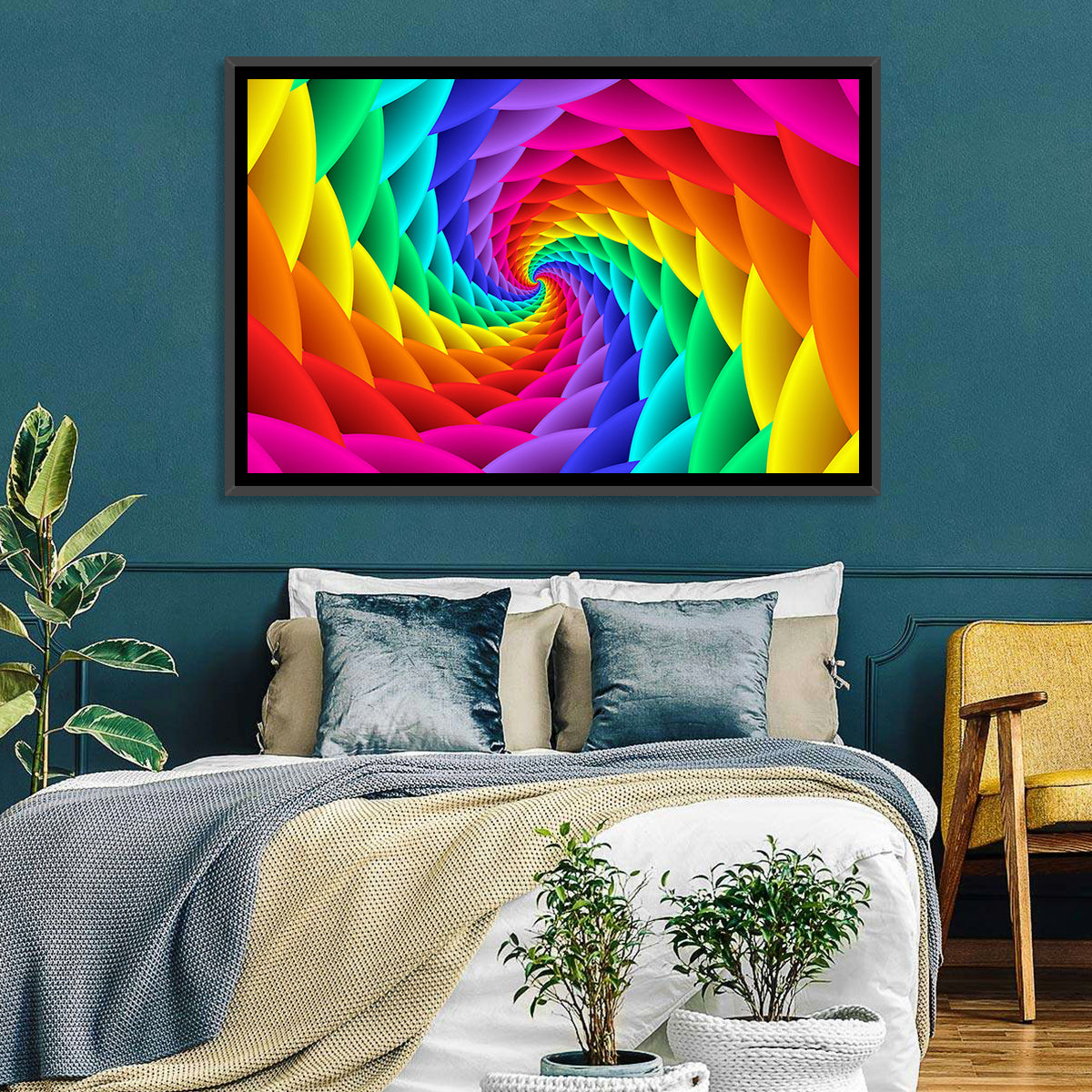 Rainbow Spiral Vortex Tunnel Wall Art in a room, landscape