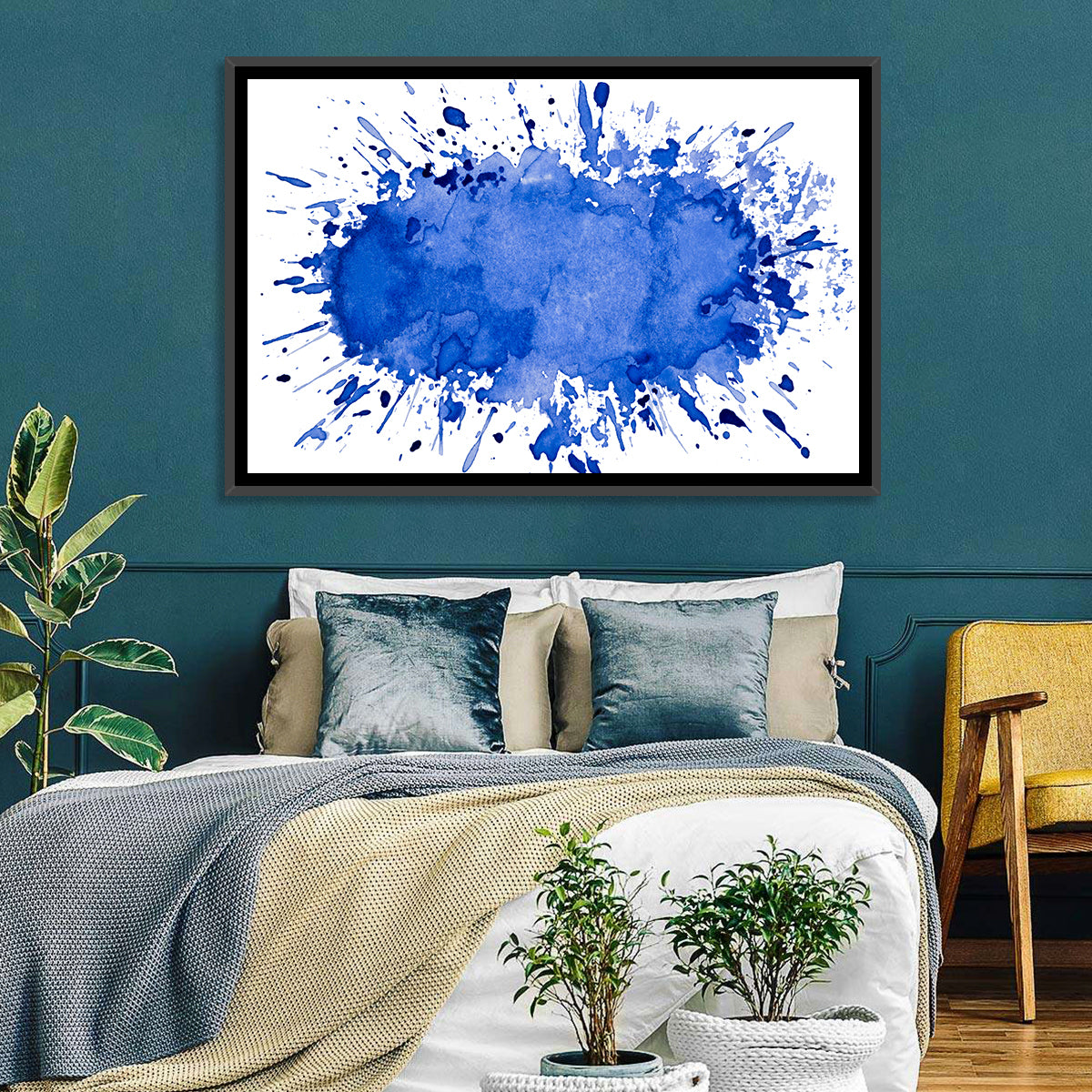 Blue Ink Splash Wall Art in a room, landscape