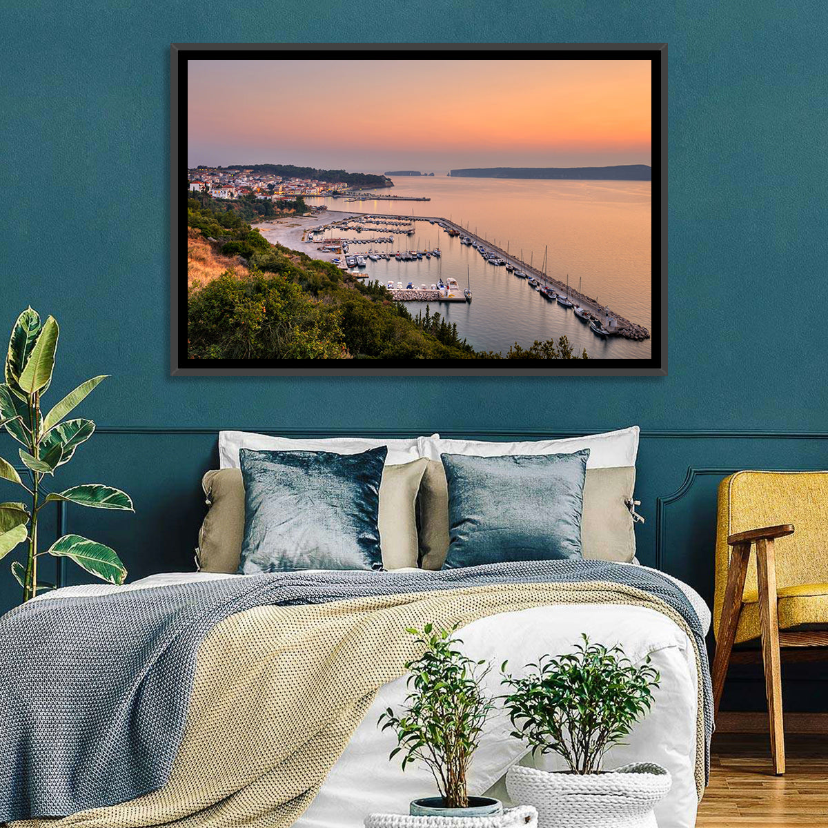 Pylos Harbor Lighthouse Sunset Wall Art in a room, landscape