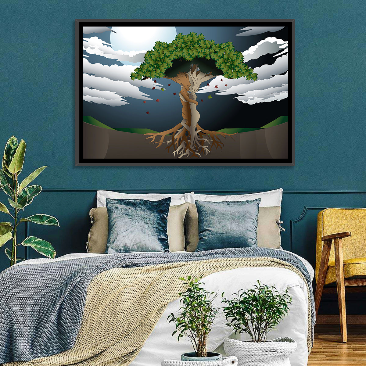 Moonlit Lovers Tree Wall Art in a room, landscape
