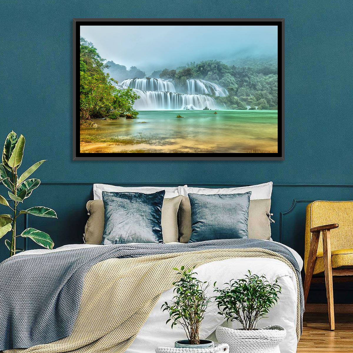 Ban Gioc Waterfalls Misty Morning Wall Art in a room, landscape