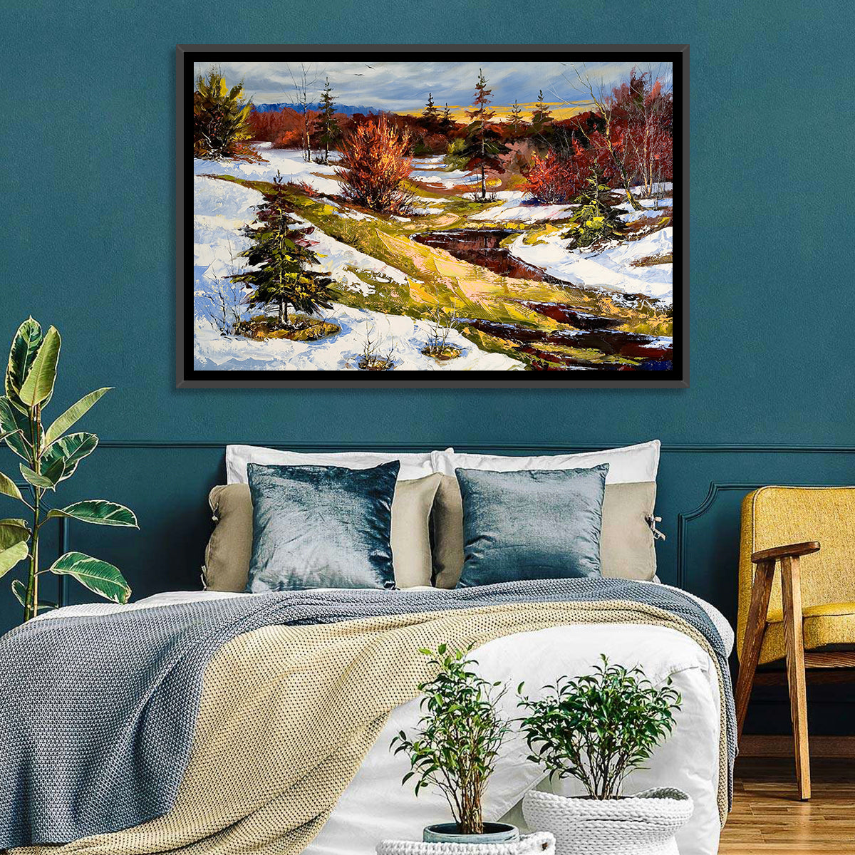 Snowy Stream Through Evergreens Wall Art in a room, landscape