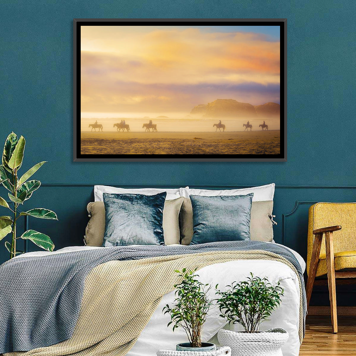 Misty Beach Horseback Riders Wall Art in a room, landscape