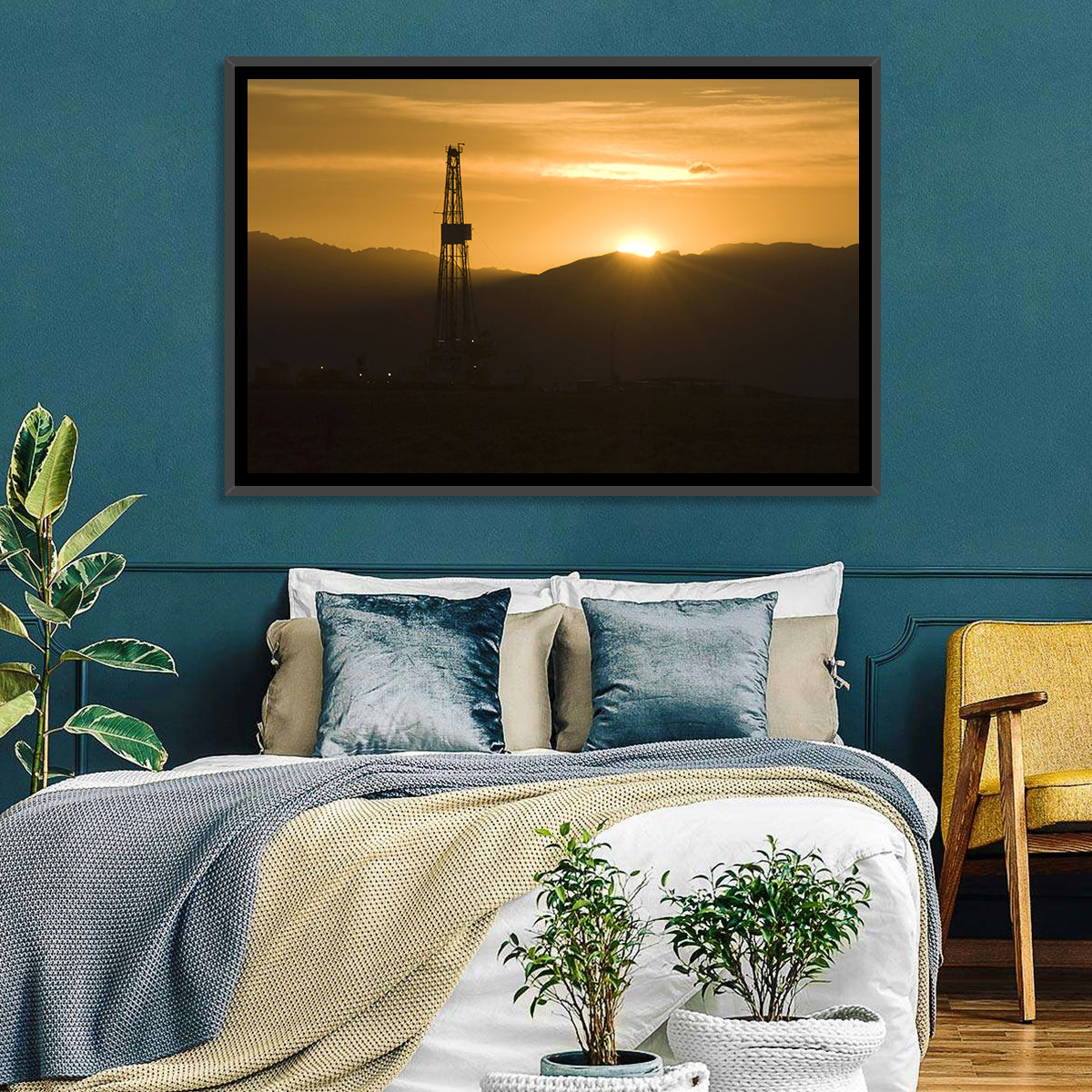 Sunrise Over Drilling Rig Wall Art in a room, landscape