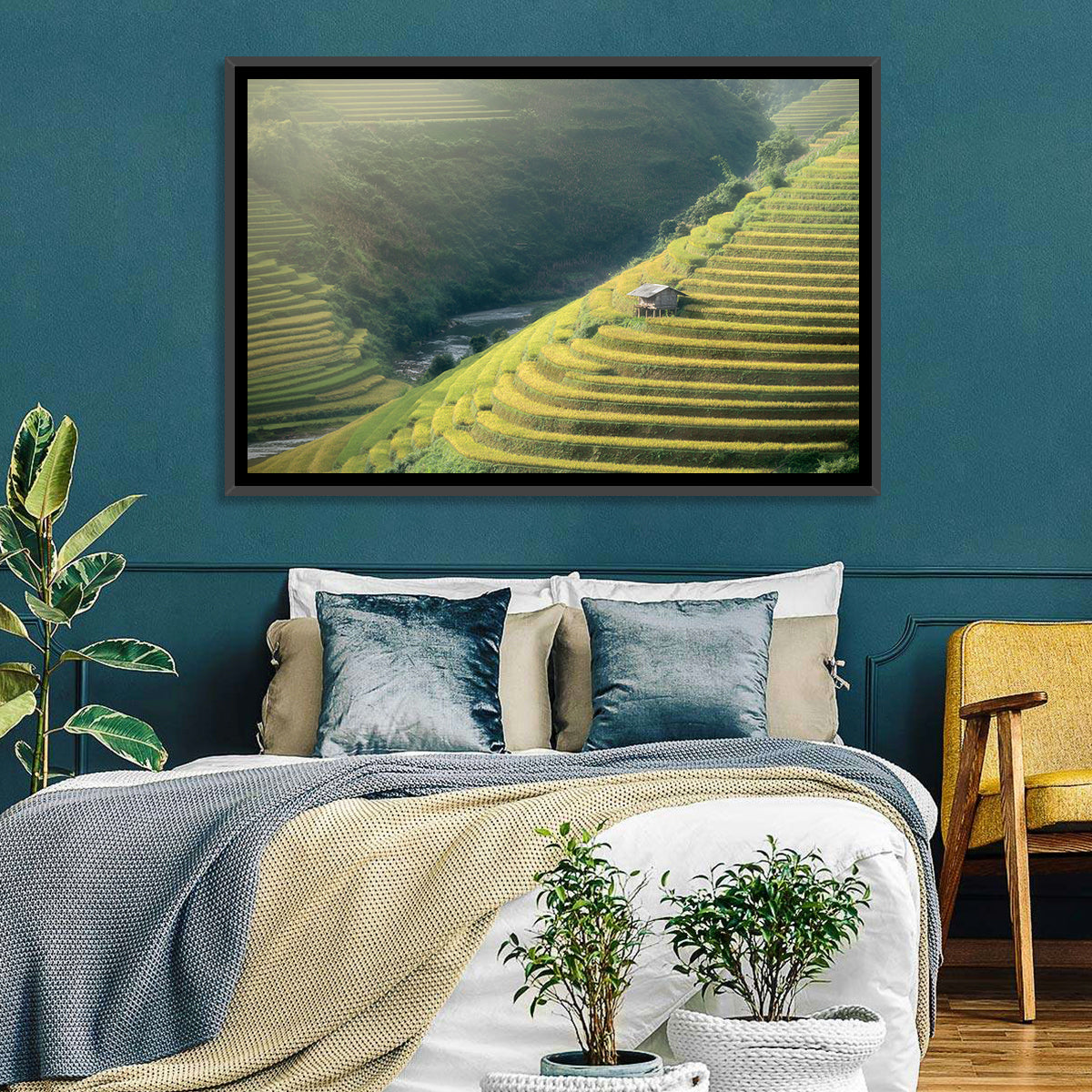 Golden Rice Terraces Wall Art in a room, landscape