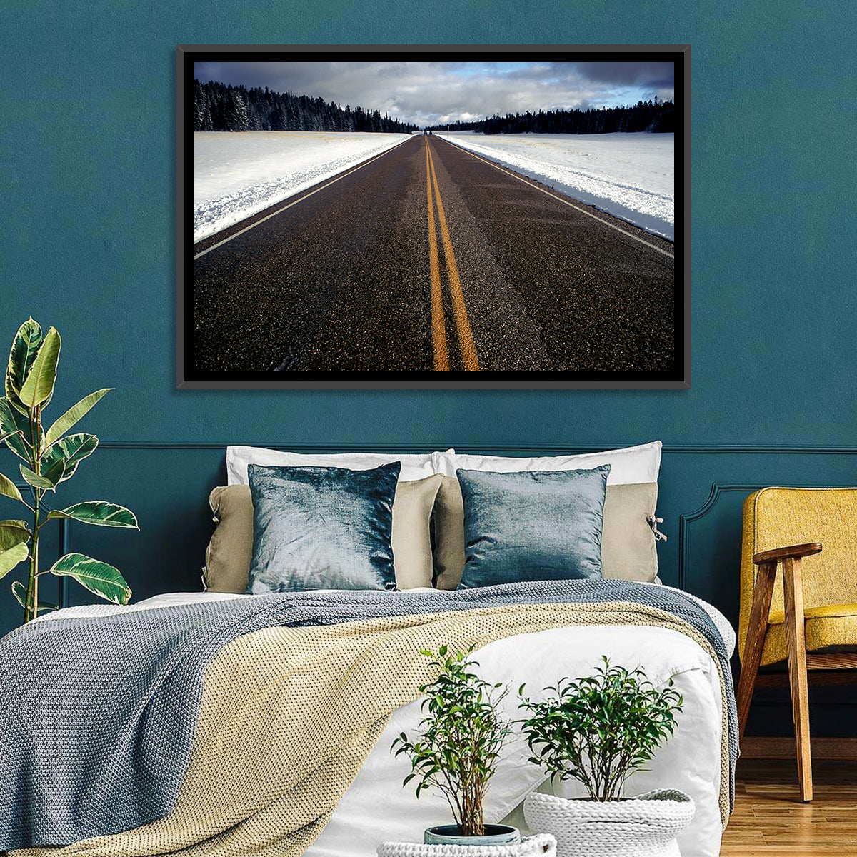 Winter Road Through Pine Forest Wall Art in a room, landscape