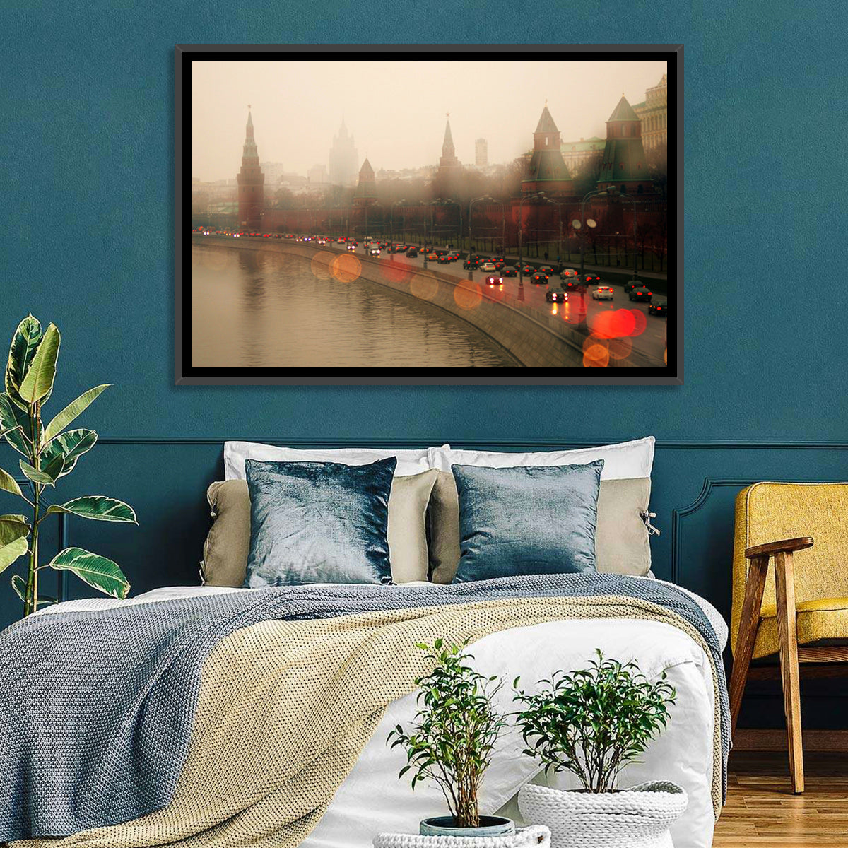 Foggy Moscow Kremlin at Dusk Wall Art in a room, landscape