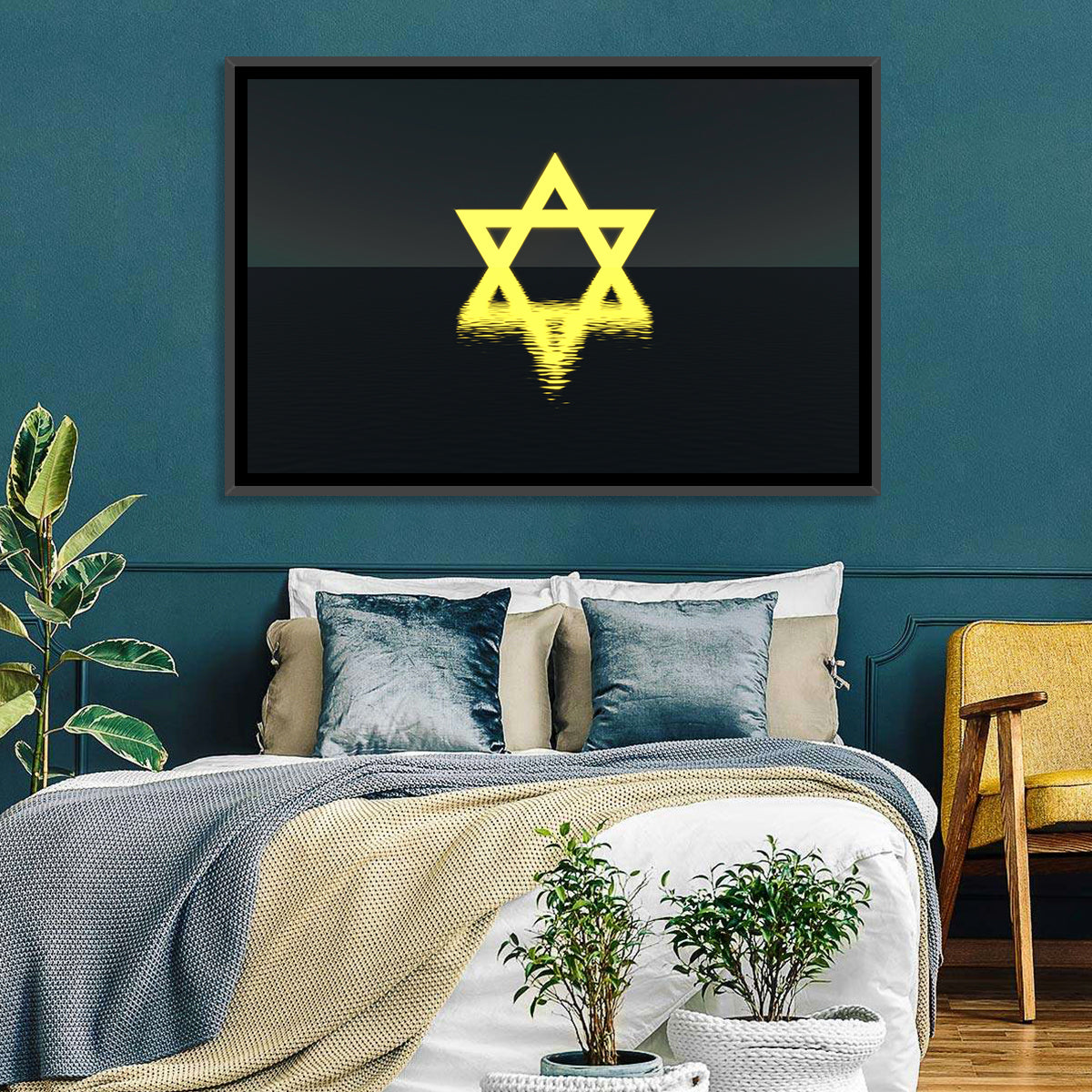 Glowing Star of David Reflection Wall Art in a room, landscape