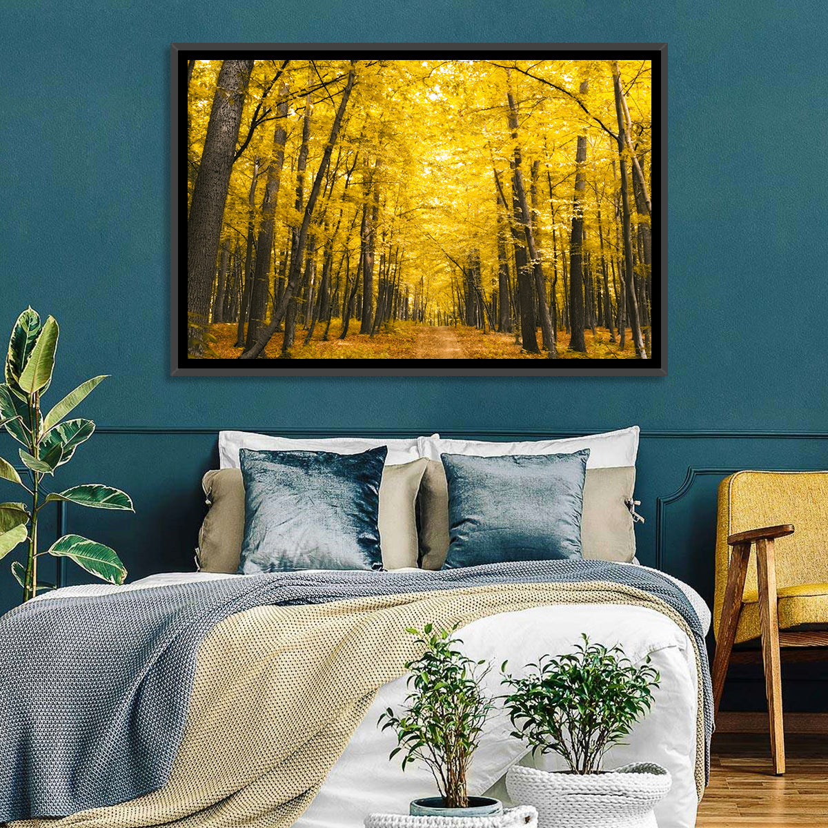 Yellow Autumn Forest Path Wall Art in a room, landscape