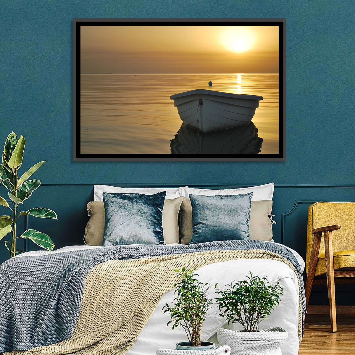 White Rowboat on Golden Sea Wall Art in a room, landscape